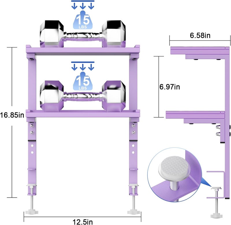 OUTIOE 2-Tier Desk Shelf, Expandable Under Desk Storage, Clamp on Desk Shelf, Desktop Accessories for Offices, Study Rooms, and Game Rooms (Purple) - Image 2